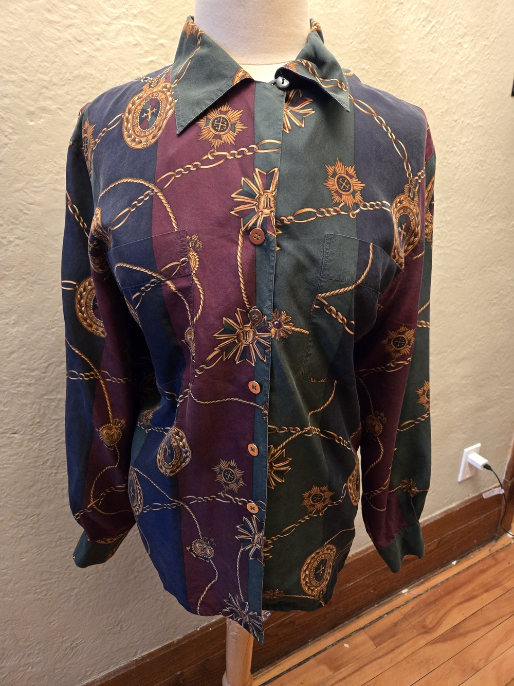 Vintage 100% Silk Button Up Shirt Equestrian Chain Print Ralph Lauren Style - Picture 8 of 10